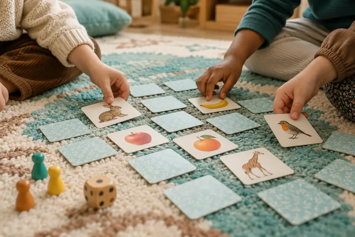 ילדים משחקים משחק זיכרון על שטיח, אחד המשחקים לשיפור תפקודים ניהוליים